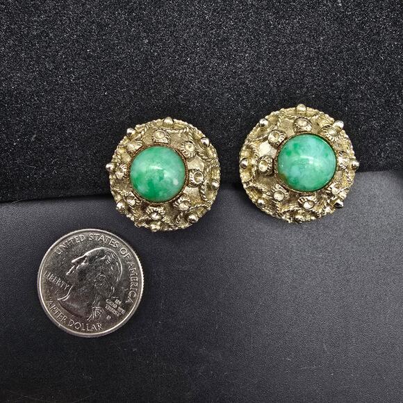 Vintage Peking Glass Clip On Earrings Gold Tone Round Circle - Picture 2 of 7